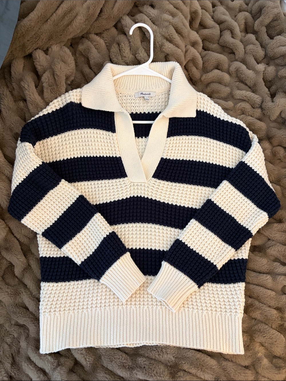 Madewell | Small Striped Navy and Cream Collared Pullover Sweater